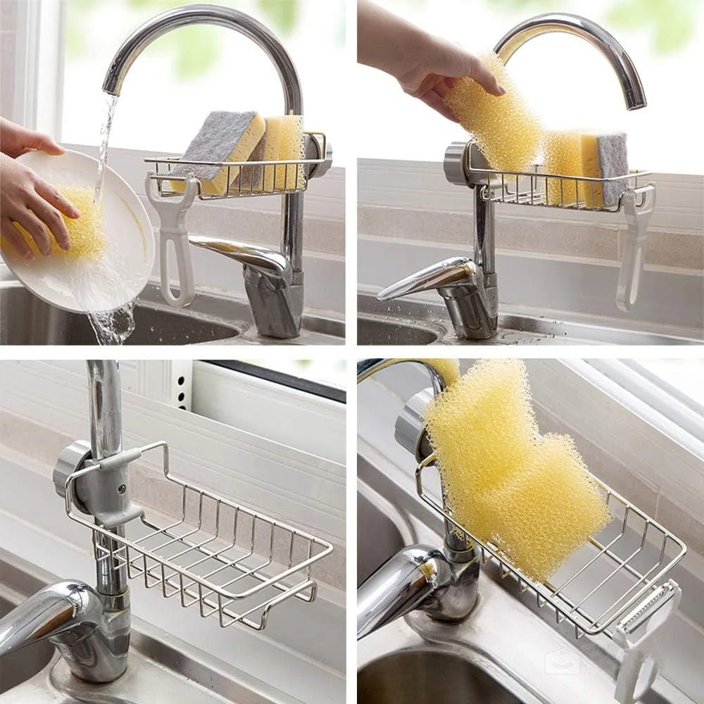 Stainless Steel Sink Faucet Organizer | Kitchen Sink Sponge Holder Rack | Kitchen Darin Rack & Soap Holder