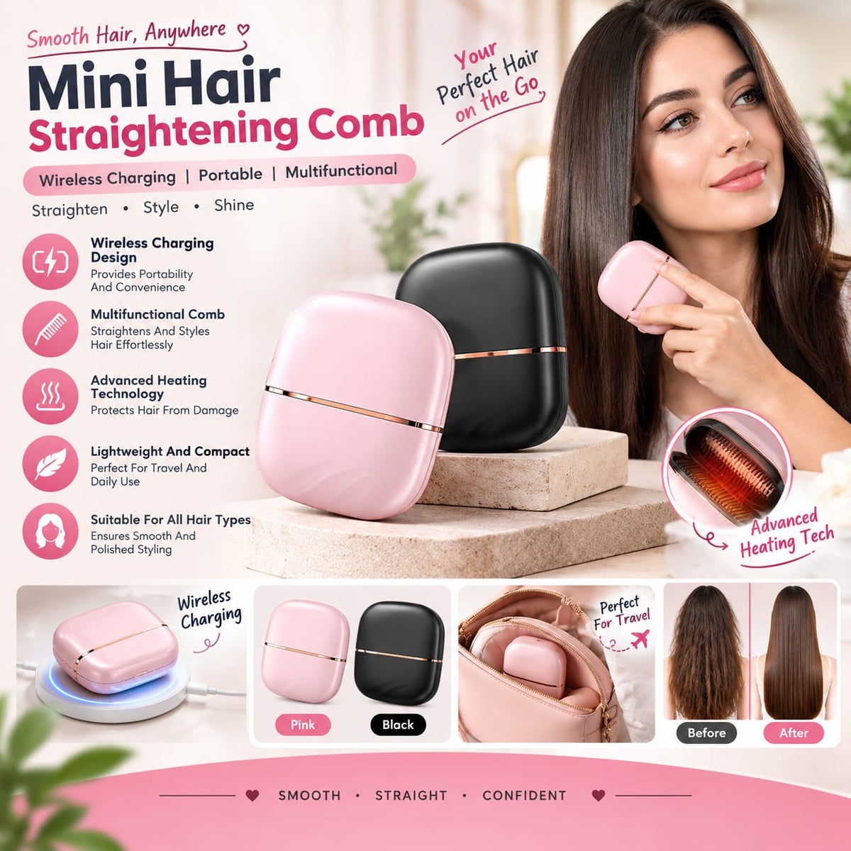 Mini Hair Straightening Comb Wireless Charging Portable Multifunctional Hair Care Styling Comb